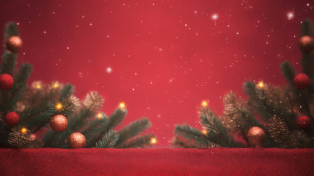 Christmas background with fir branches, red balls, stars and snowflakesの素材