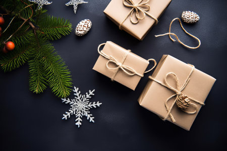 Christmas or New Year composition. Gifts, fir branches and snowflakes on black background. Flat lay, top view, copy spaceの素材