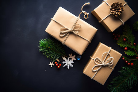 Christmas gift boxes with fir tree branches and decorations on black background. Top viewの素材