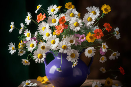 Bouquet of daisies in a vase on a wooden tableの素材