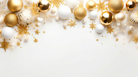 Christmas background with golden and white baubles and snowflakesの素材