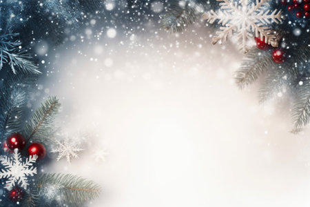 Christmas background with snowflakes and fir branches. Copy space.の素材