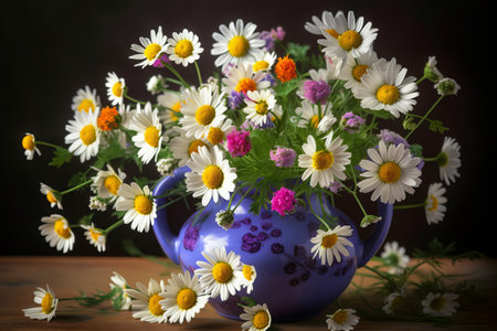 Bouquet of wildflowers in vase on wooden tableの素材