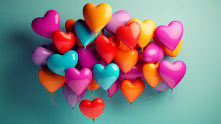 Colorful balloons in the shape of hearts on a blue background. 3d renderingの素材