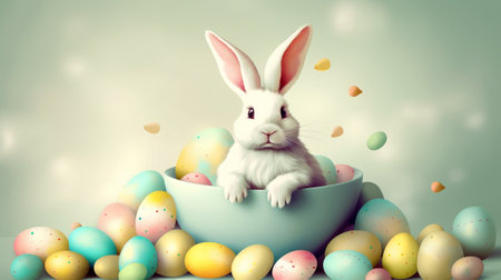 Easter bunny and colorful eggs on gray background. 3d renderingの素材