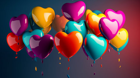 Colorful heart shaped balloons on dark background. 3D illustration.の素材