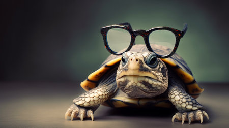 Turtle with glasses on a dark background. Retro style photo.の素材