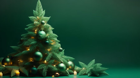 Christmas tree with green baubles and candles on a green backgroundの素材