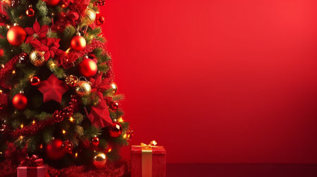 Christmas tree with red baubles and gift box on red backgroundの素材