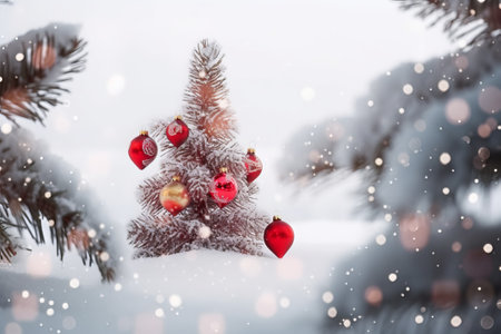 Christmas tree with decorations in the snow. Winter landscape. Christmas background.の素材