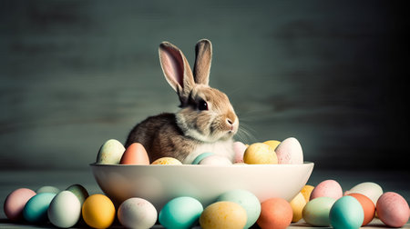 Easter bunny and colorful eggs on wooden background. Happy Easter.の素材