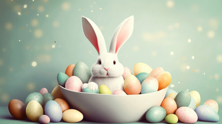 Easter bunny with colorful eggs in a bowl on a blue backgroundの素材