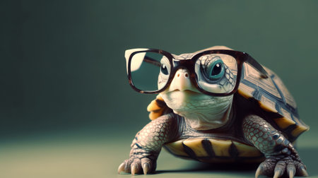 Turtle with glasses on a dark background, close-up.の素材