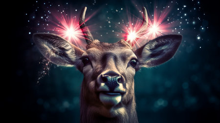 Fantasy image of deer head with firework on dark background.の素材