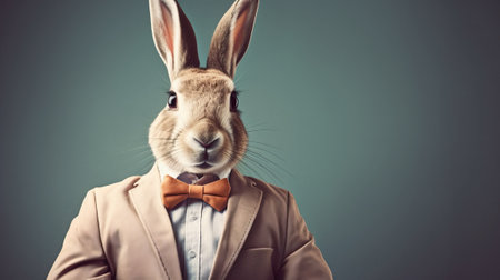 Easter bunny in a suit and bow tie on a gray backgroundの素材