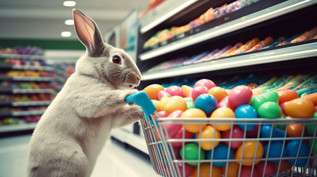 Rabbit in shopping cart with colorful eggs in supermarket. Easter shopping conceptの素材