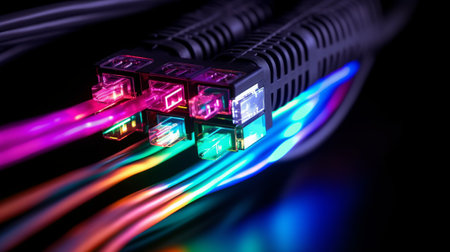 Fiber Optic cables with LED light, closeup of photoの素材