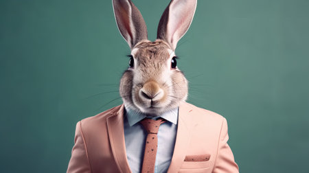 Easter bunny in suit and tie on green background. Studio shot.の素材