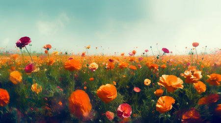 Field of poppies in the spring. Filtered image processed vintage effect.の素材