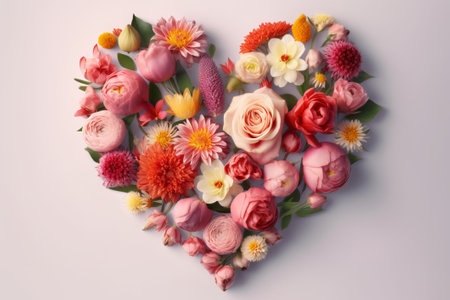 Heart made of beautiful flowers on white background, top view. Valentine's Dayの素材