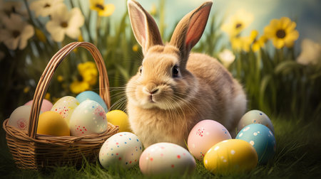 Easter bunny with basket of eggs on green grass and flowers backgroundの素材