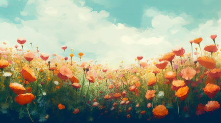 Field of poppies and blue sky with white clouds. Digital painting.の素材
