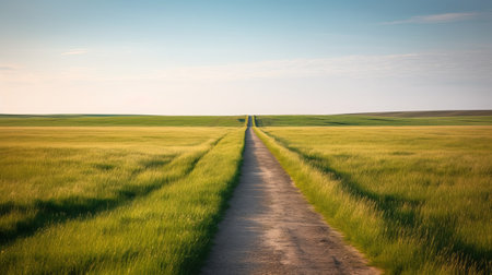 Panoramic view of a dirt road through a green field.の素材