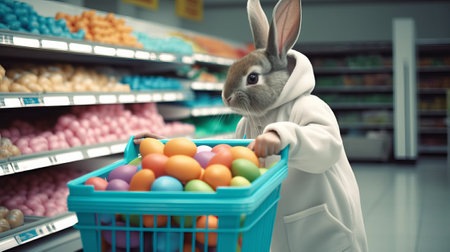 Easter bunny with basket full of colorful eggs in supermarket. 3d renderingの素材