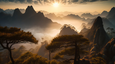 Sunrise over Huangshan National Park, Anhui Provinceの素材