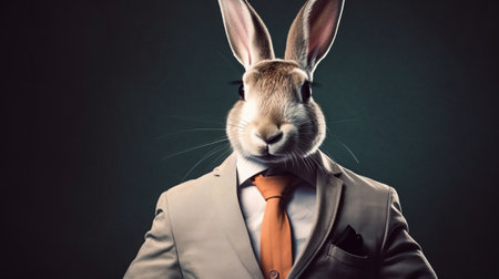 Rabbit in suit and tie on dark background. Studio shot.の素材