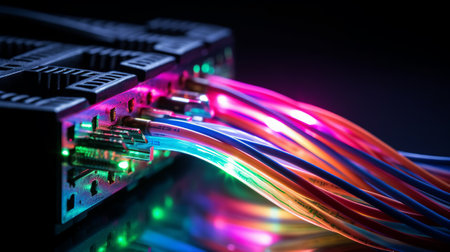 Fiber Optic cables connected to an optic ports with colorful lightsの素材
