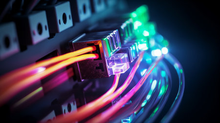 Fiber Optic cables connected to an optic ports. 3D renderingの素材