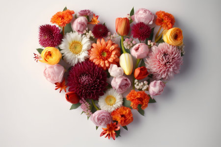 Beautiful bouquet of flowers in shape of heart on white backgroundの素材