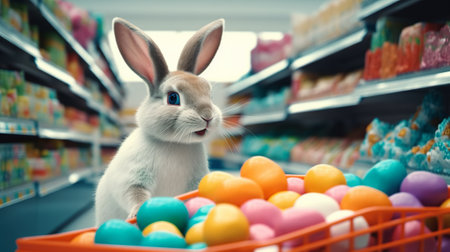 Cute little bunny with Easter eggs in shopping cart on supermarket shelvesの素材