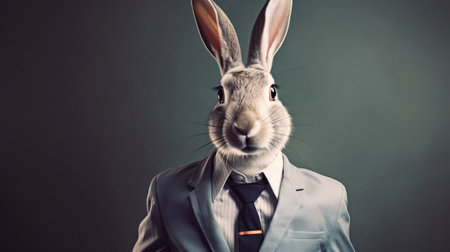 Easter bunny in suit and tie on grey background. Studio shot.の素材
