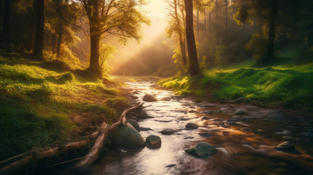 River flowing through the forest at sunrise. Beautiful nature scenery in the summer.の素材