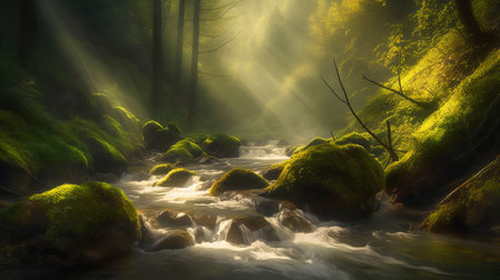 Mossy rocks and flowing water in a dark forest at dawnの素材