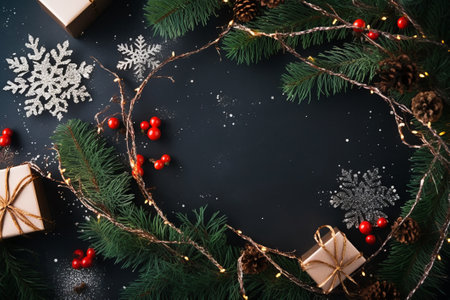Christmas background with fir tree branches, red berries and gift boxes on dark backgroundの素材