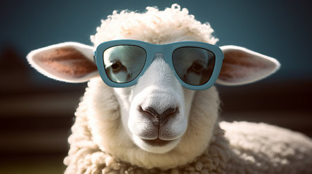 Portrait of a sheep wearing sunglasses against blue background with vignetteの素材