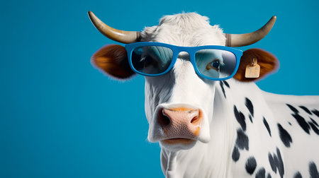 Portrait of a cow wearing blue glasses on a blue background.の素材