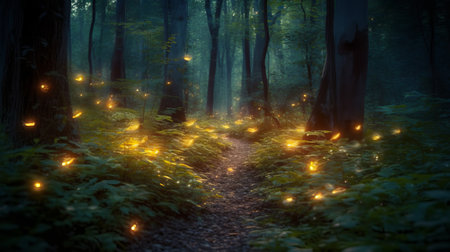 Mysterious forest with glowing halloween ghosts in the nightの素材