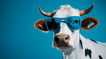 Cow wearing blue sunglasses on blue background with copy space for your textの素材