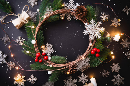 Christmas wreath on a black background with snowflakes and lightsの素材