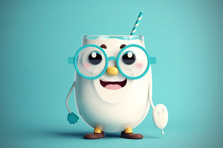 Cute cartoon character of milkshake with glasses on blue backgroundの素材
