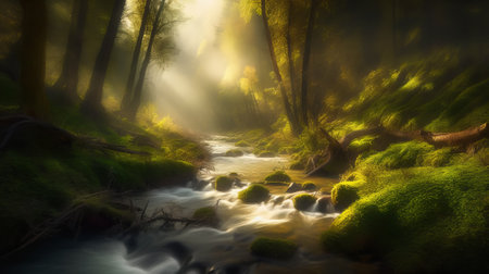 River in the forest with fog and sunbeams, long exposureの素材