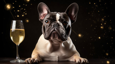 French bulldog with a glass of champagne on a black background.の素材