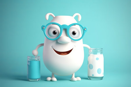 Funny white bear with glasses and a glass of milk 3d render on blueの素材