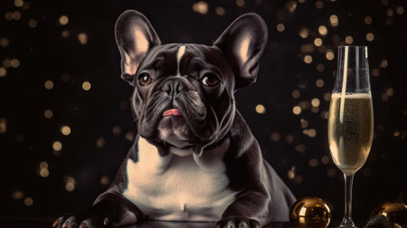 French bulldog dog with champagne and christmas decorations on black backgroundの素材