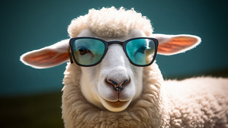 Sheep wearing glasses on a green background. Close-up.の素材