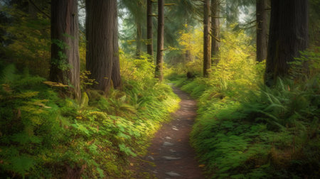 Panoramic view of pathway in the middle of redwood forestの素材